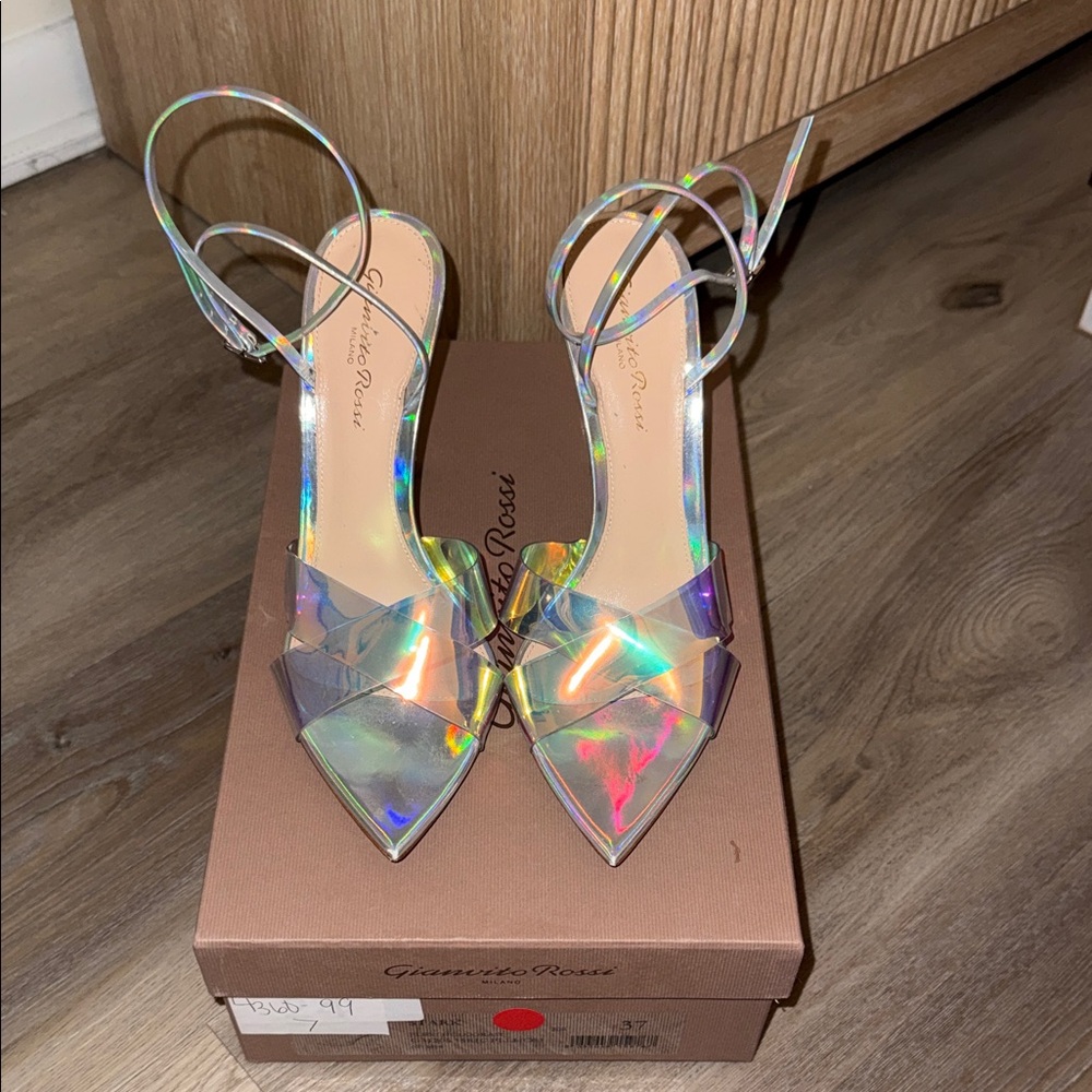 Gianvito Rossi Holographic Iridescent Pointed-Toe Ankle-Strap Sandals
